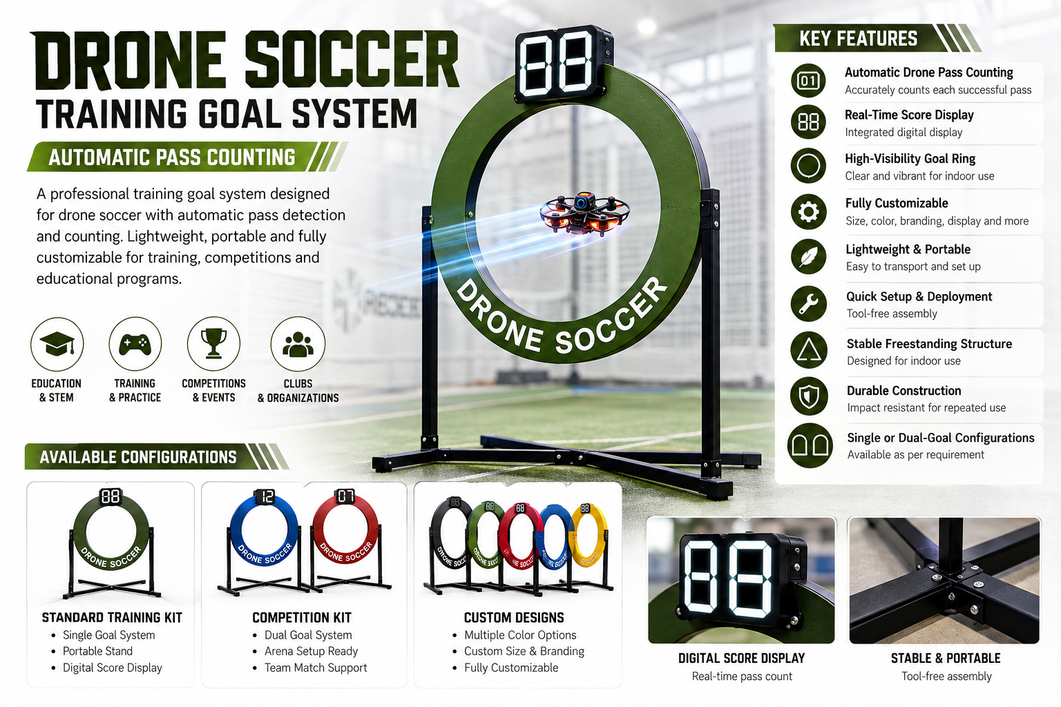 Drone soccer training goal system with digital counter