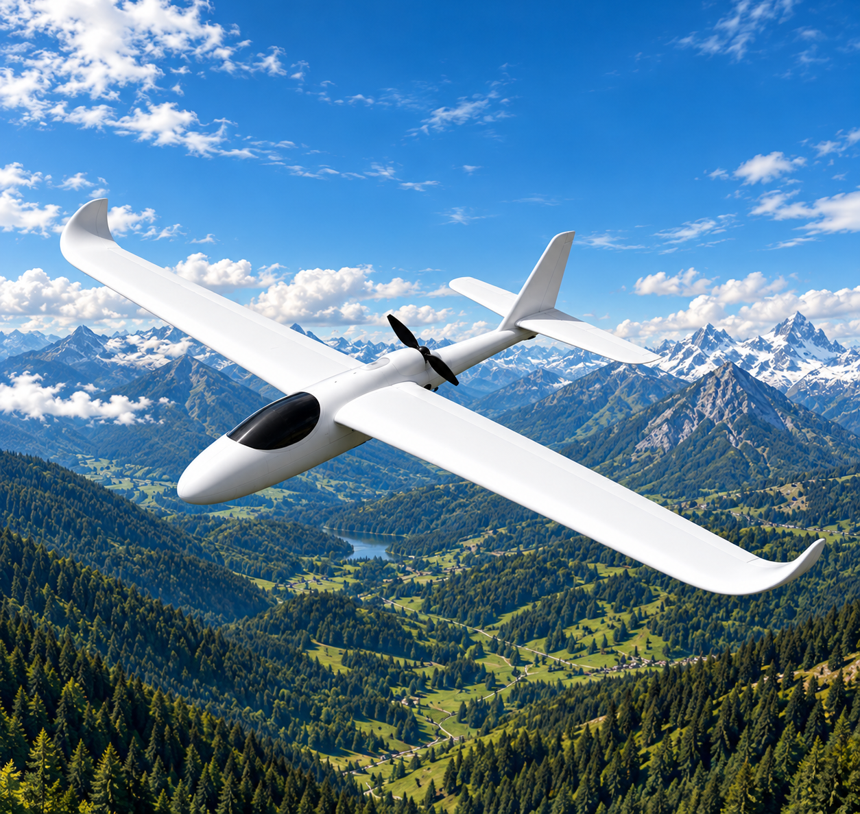 SoFly Fixed-Wing UAV flying above a landscape